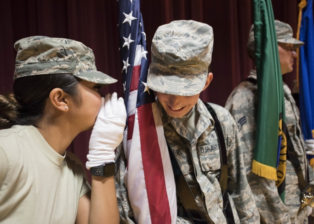 honor guard trainees telling military jokes
