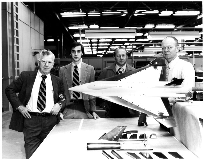 Model 400 design team, starting left: Harry Hillaker, Andrew Lewis, Kenny Barnes, Jim Gordon (WikiMedia Commons)