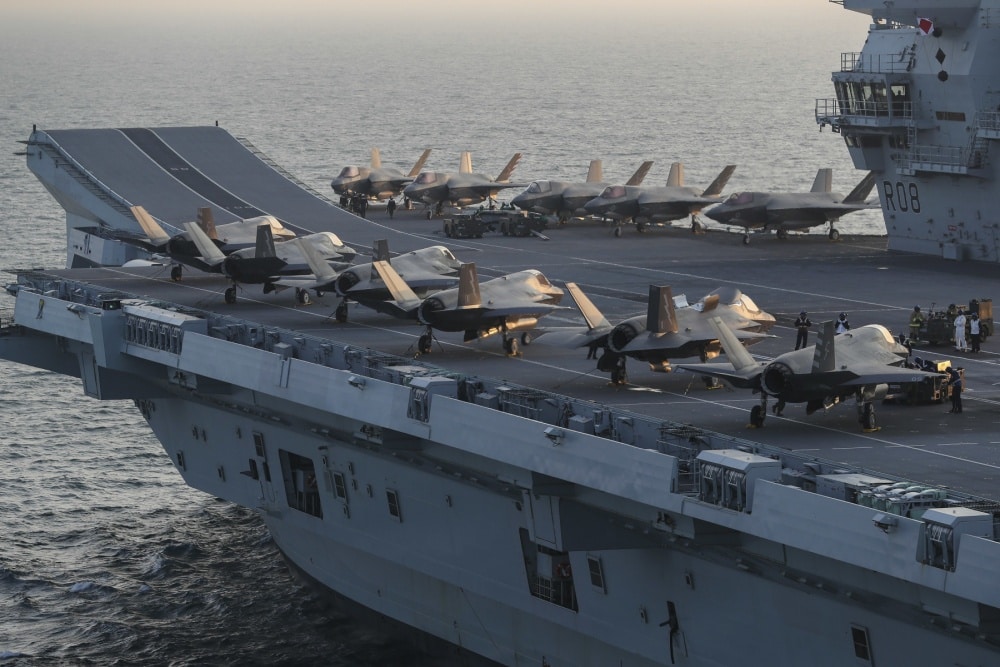 F-35 jets assigned to Marine Fighter Attack Squadron (VMFA) 211 “The Wake Island Avengers” and the United Kingdom’s Lightning 617 Squadron shortly after embarking onboard HMS Queen Elizabeth (Royal Navy Photograph by LPhot Belinda Alker)