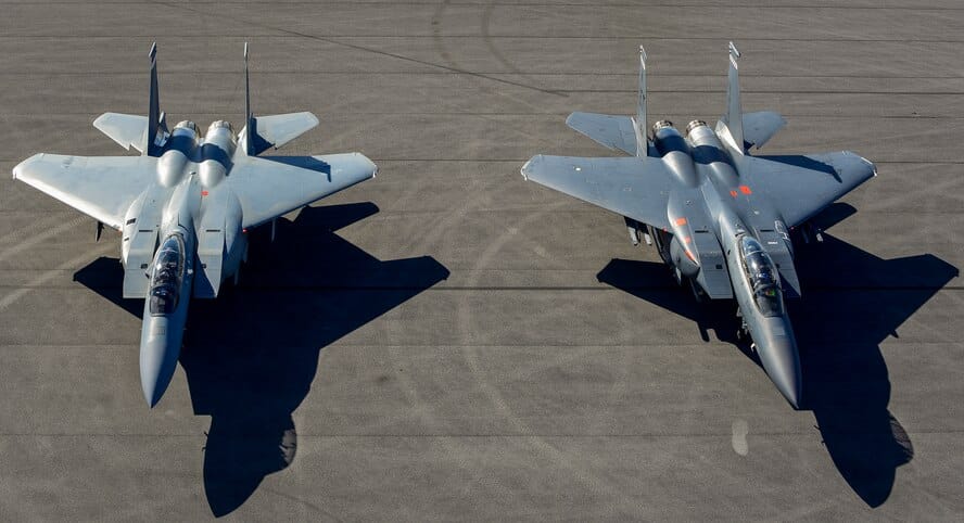 U.S. Air Force F-15EX Eagle II (Left) next to an F-15E Strike Eagle (Right) (USAF Photo)