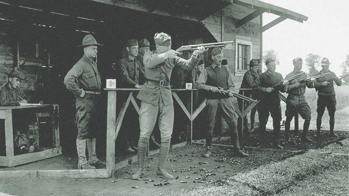 soldiers firing Winchester M1897 trench guns World War I 