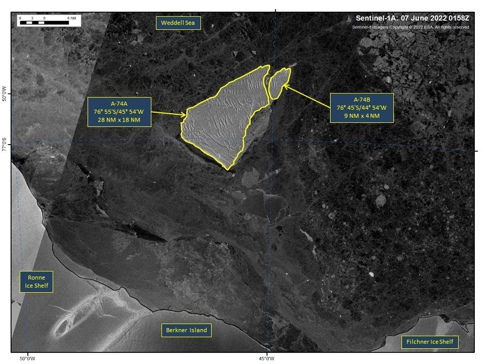 National Ice Center image of icebergs A-74A and A-74B