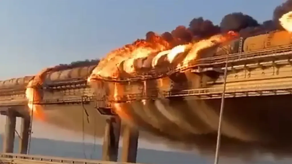 The Kerch Bridge on fire after Ukraine's 2022 attack against it