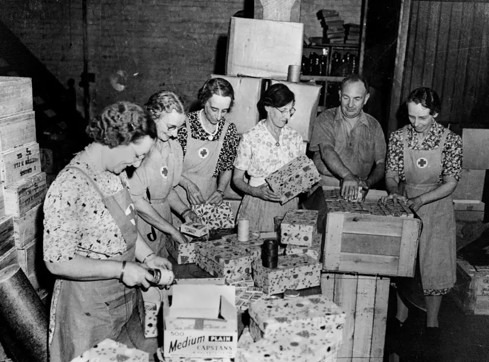 Red Cross workers packing Christmas boxes during WWII