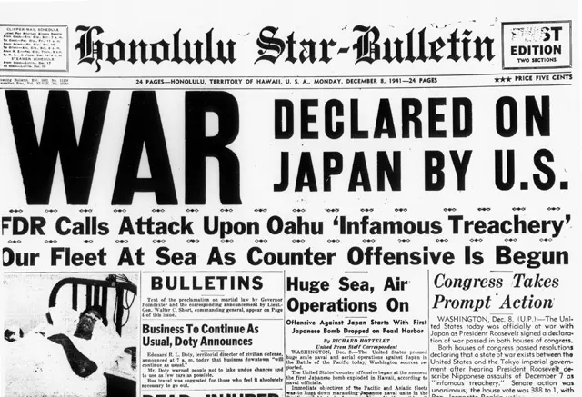 The US declares war on Japan newspaper front page