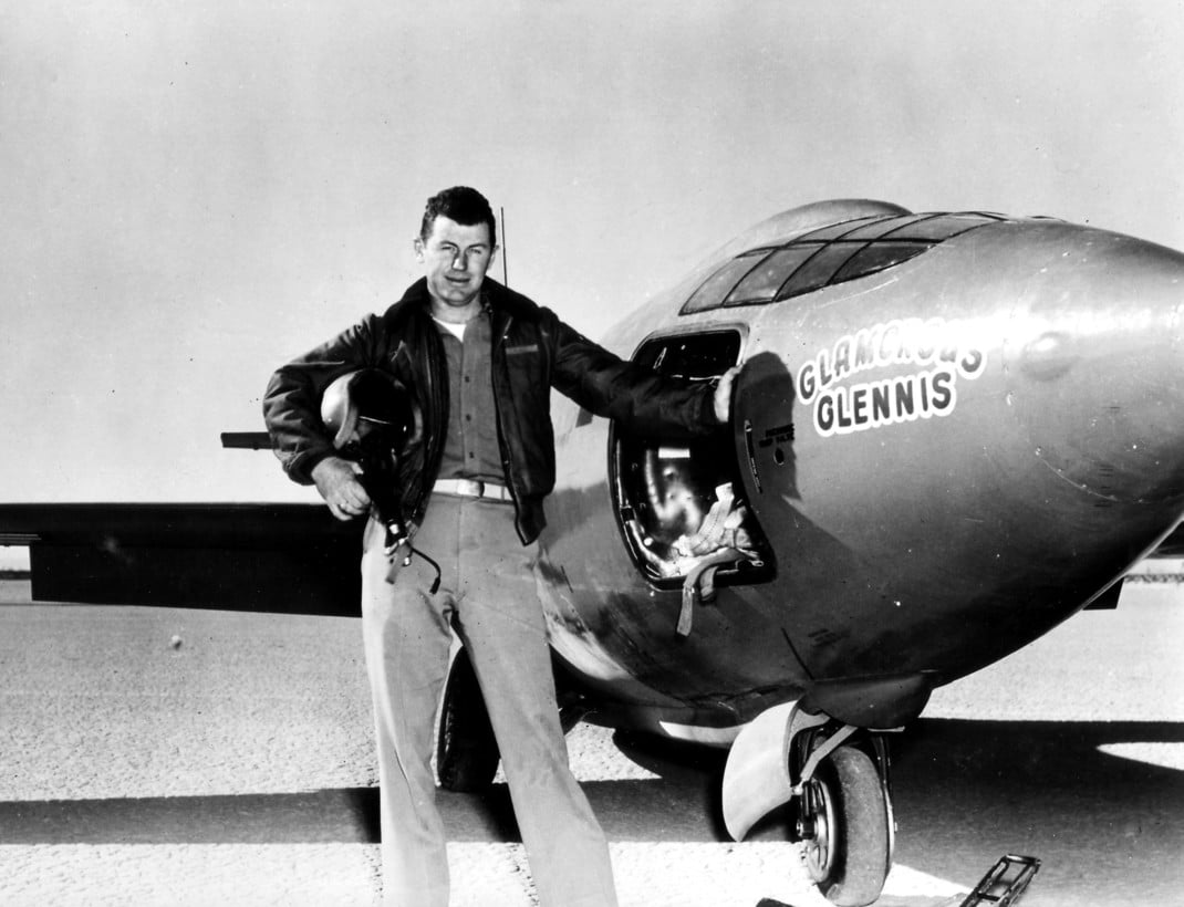 Capt. Charles E. Yeager (shown standing next to the Air Force's Bell-built X-1 supersonic aircraft