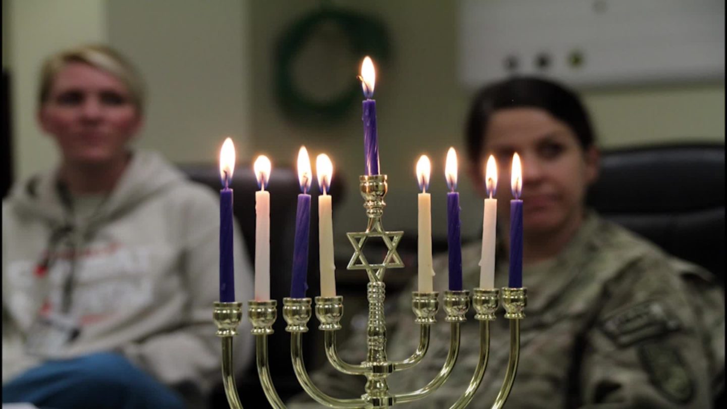 A lit menorah