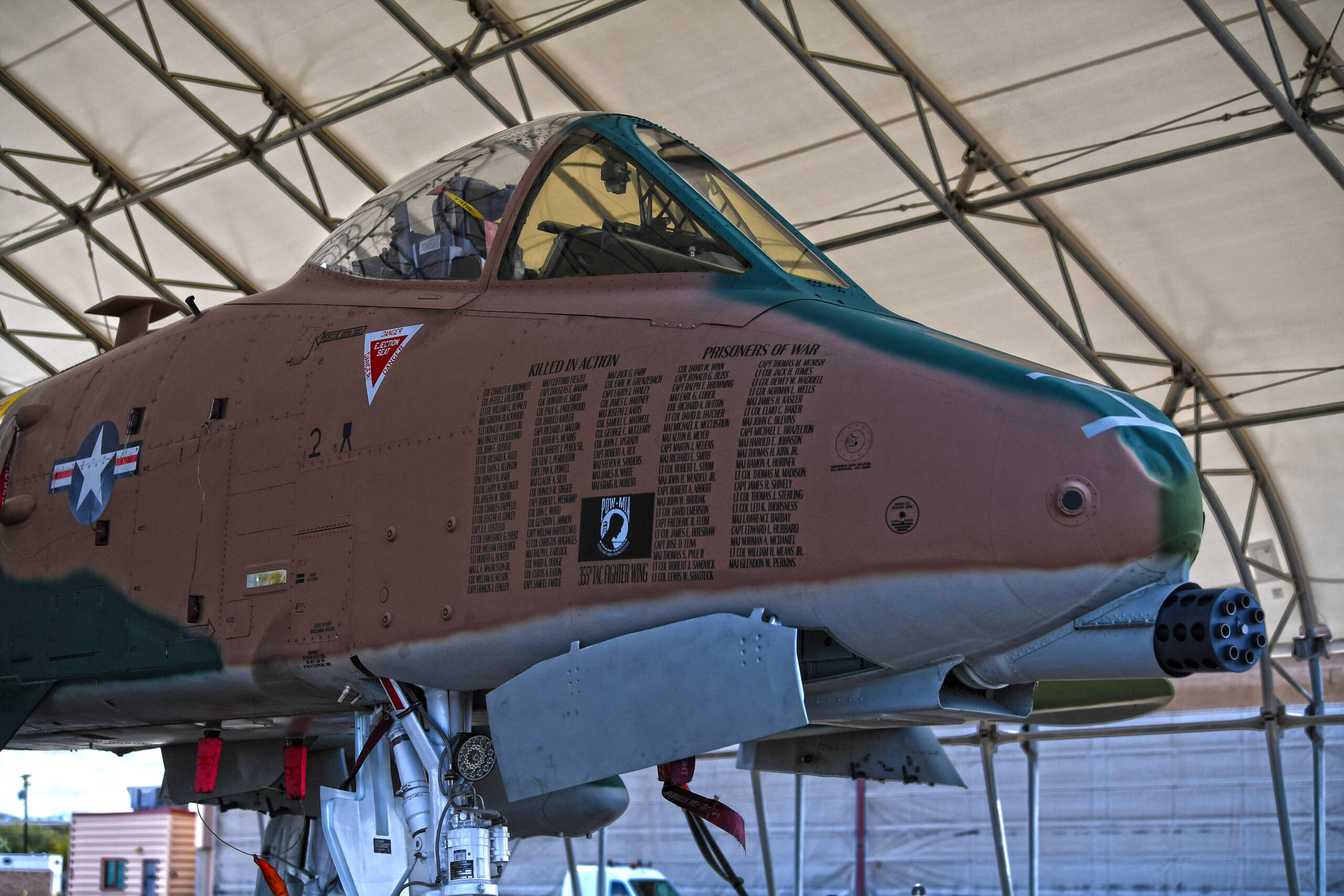 An A-10 Thunderbolt plane with a paint job commemorating American pilots killed or captured in Vietnam