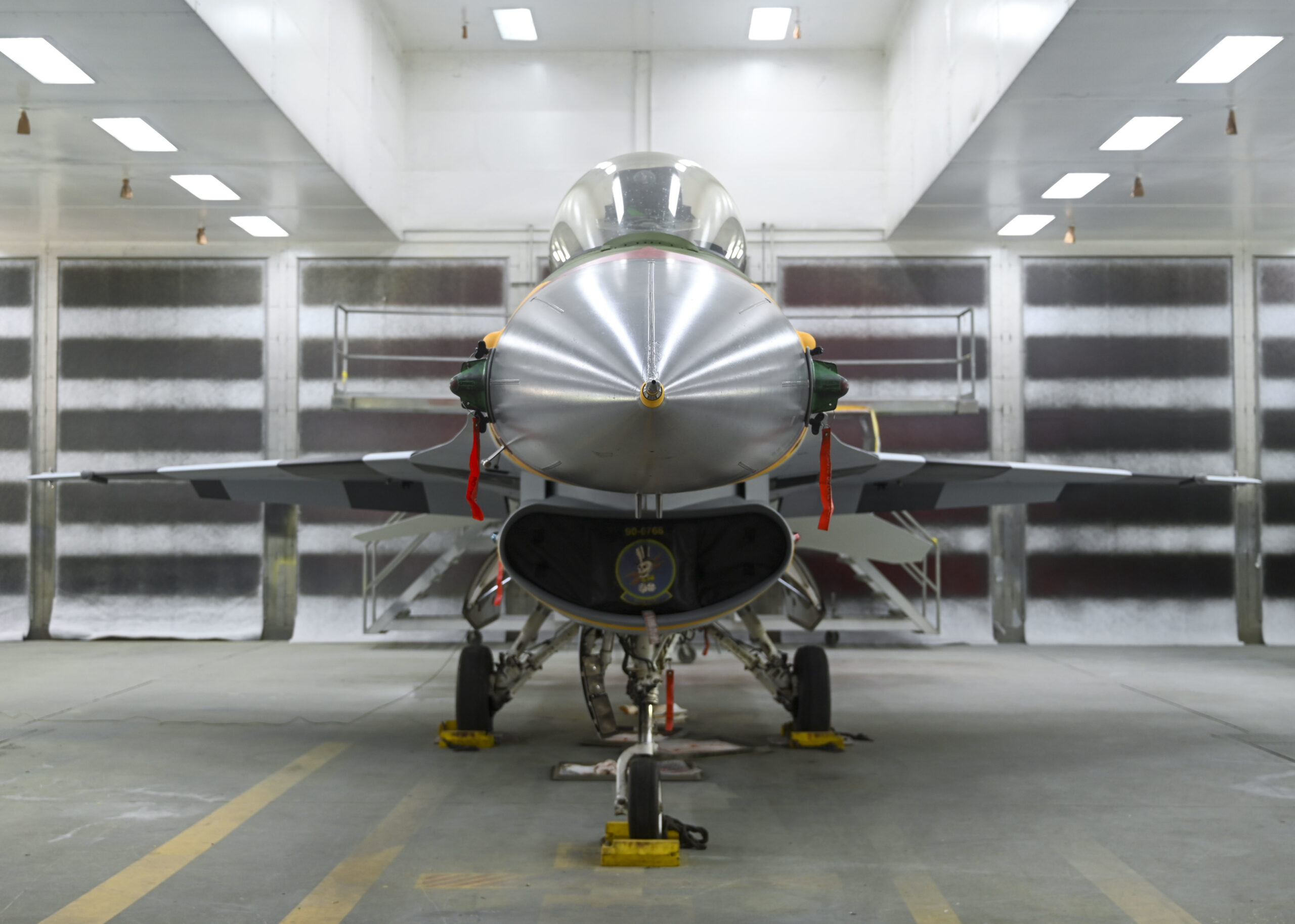 An F-16 plane with the 'Passionate Petsy' paint job