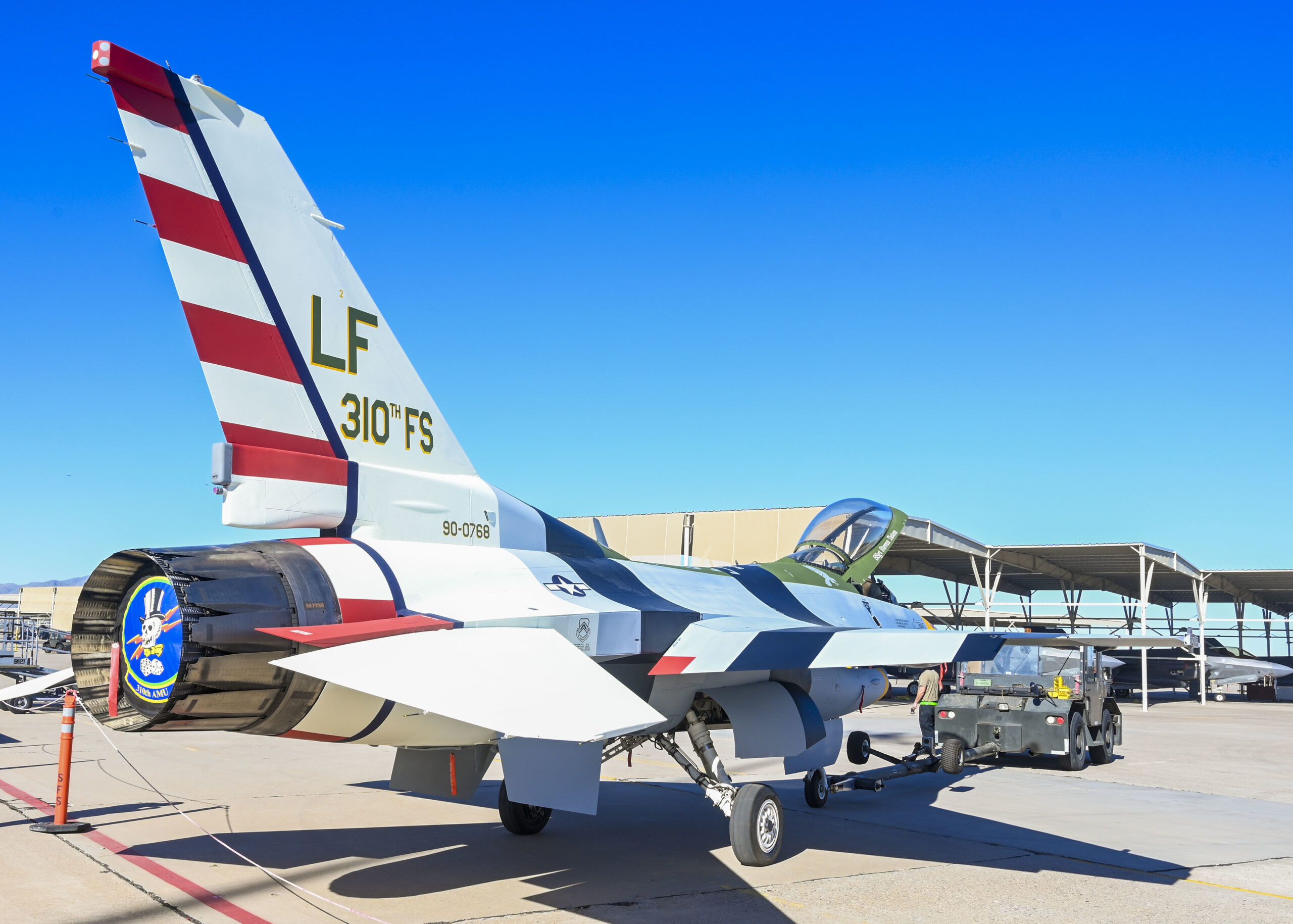 An F-16 plane with the 'Passionate Petsy' paint job