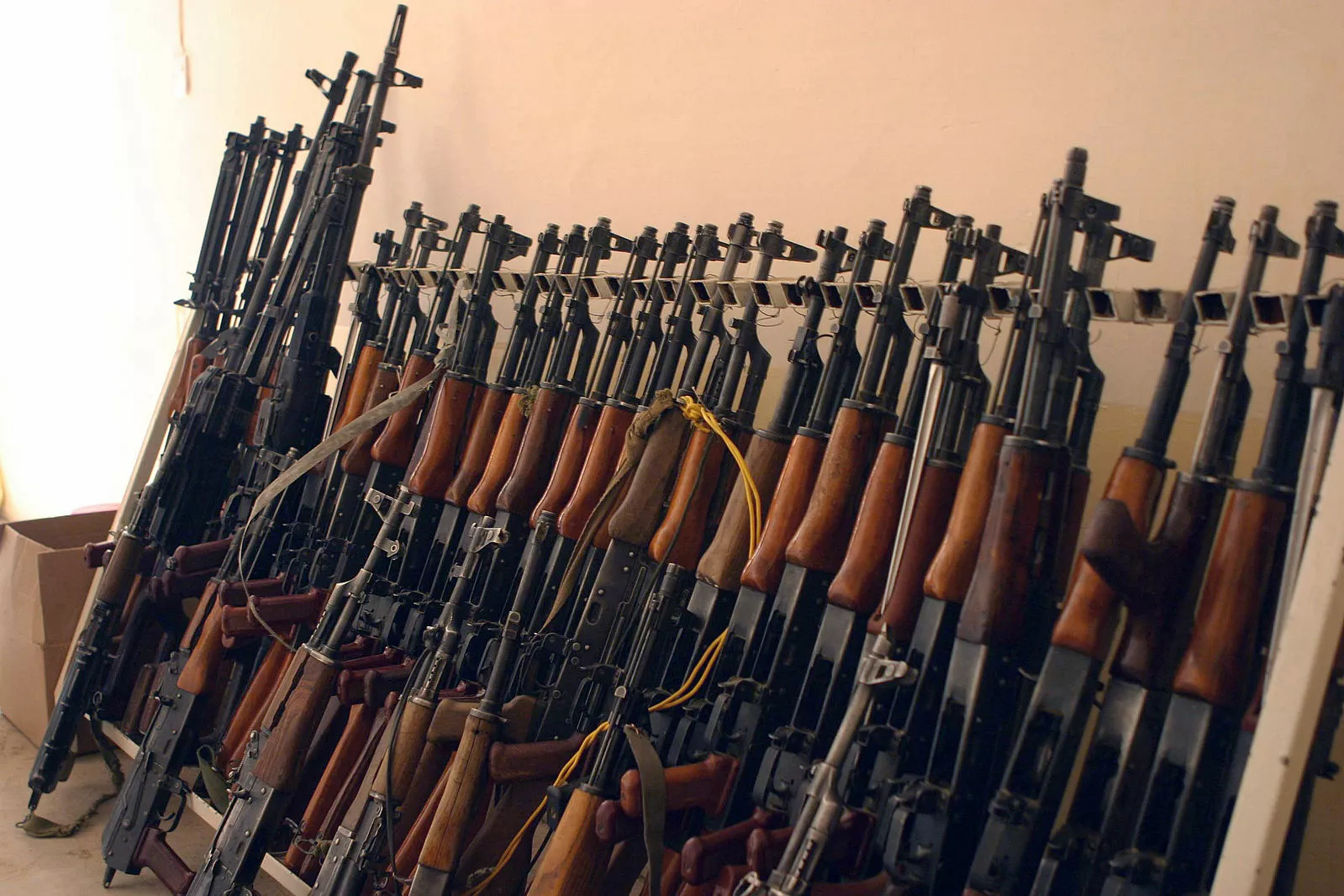 Caches of Tabuk 7.62 mm short assault rifles, Tabuk 7.62 mm assault rifles, and other rifles inventoried at the Iraqi Civil Defense (ICDC) armory in Al Shahabi, Iraq, during Operation Iraqi Freedom, 2004. (Lcpl. Jordan F. Sherwood, USMC