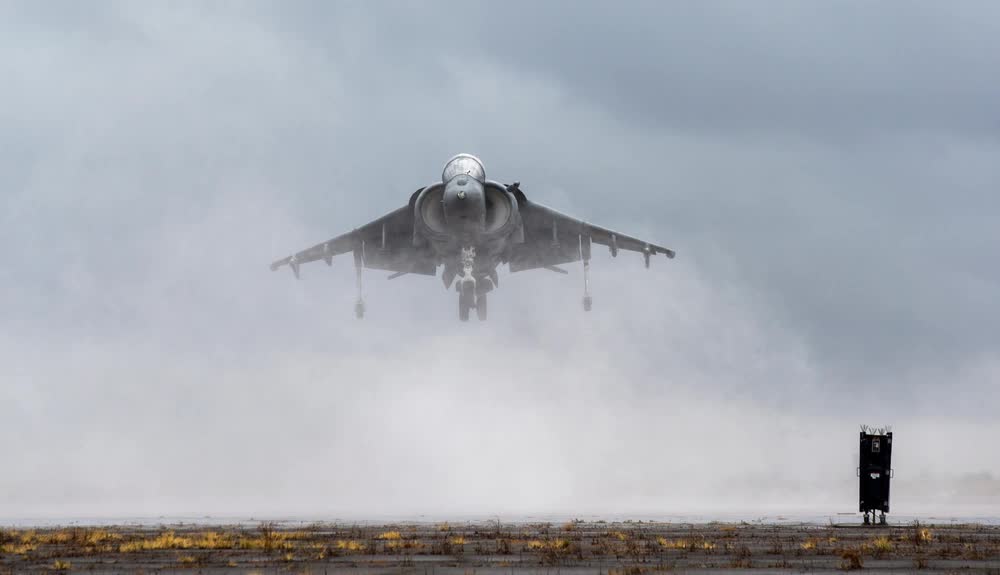 Harrier jet hovers