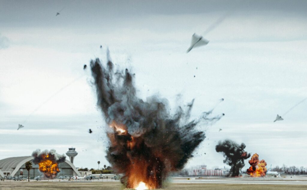 Artist's impression of Shahed 136 drones striking airport