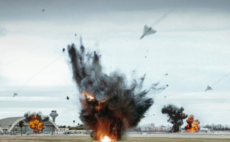 Artist's impression of Shahed 136 drones striking airport