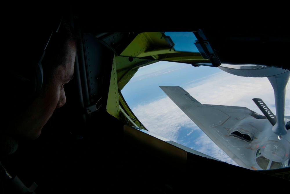 KC-135 refuels B-2 Spirit
