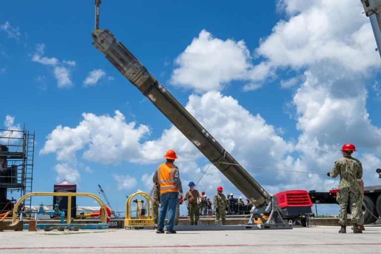 Tomahawk missile loaded onto USS Jefferson City submarine