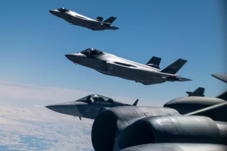 F-35s fly along a Gripen