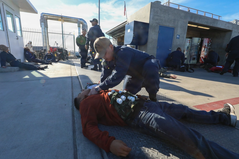 Sailors mass casualty drill on pier